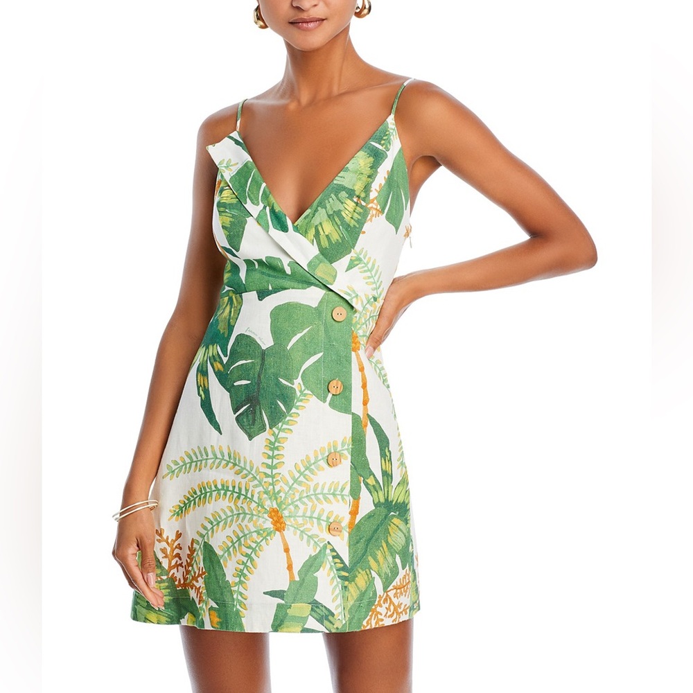 Leafy Green and White V-Neck Dress